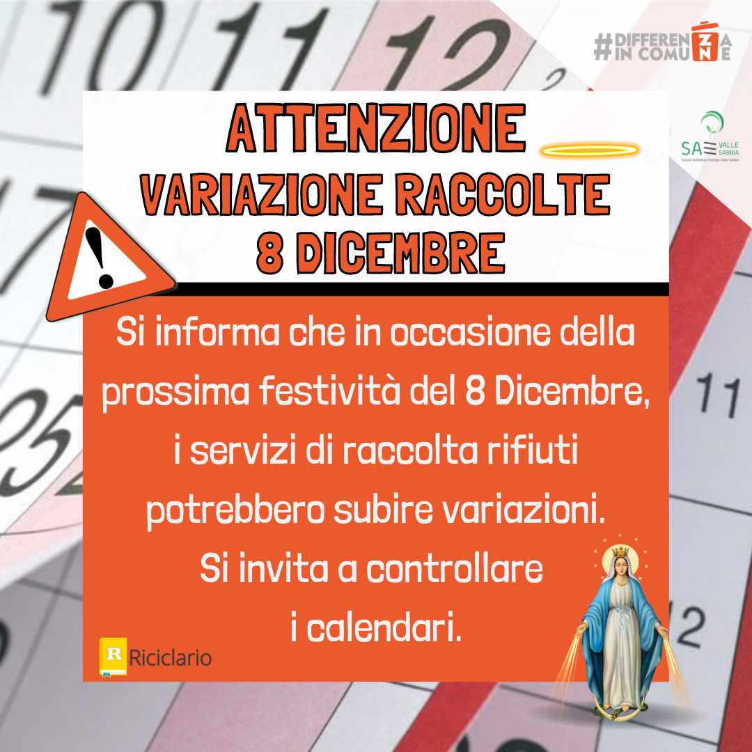 Attenzione variazione raccolte 8 dicembre